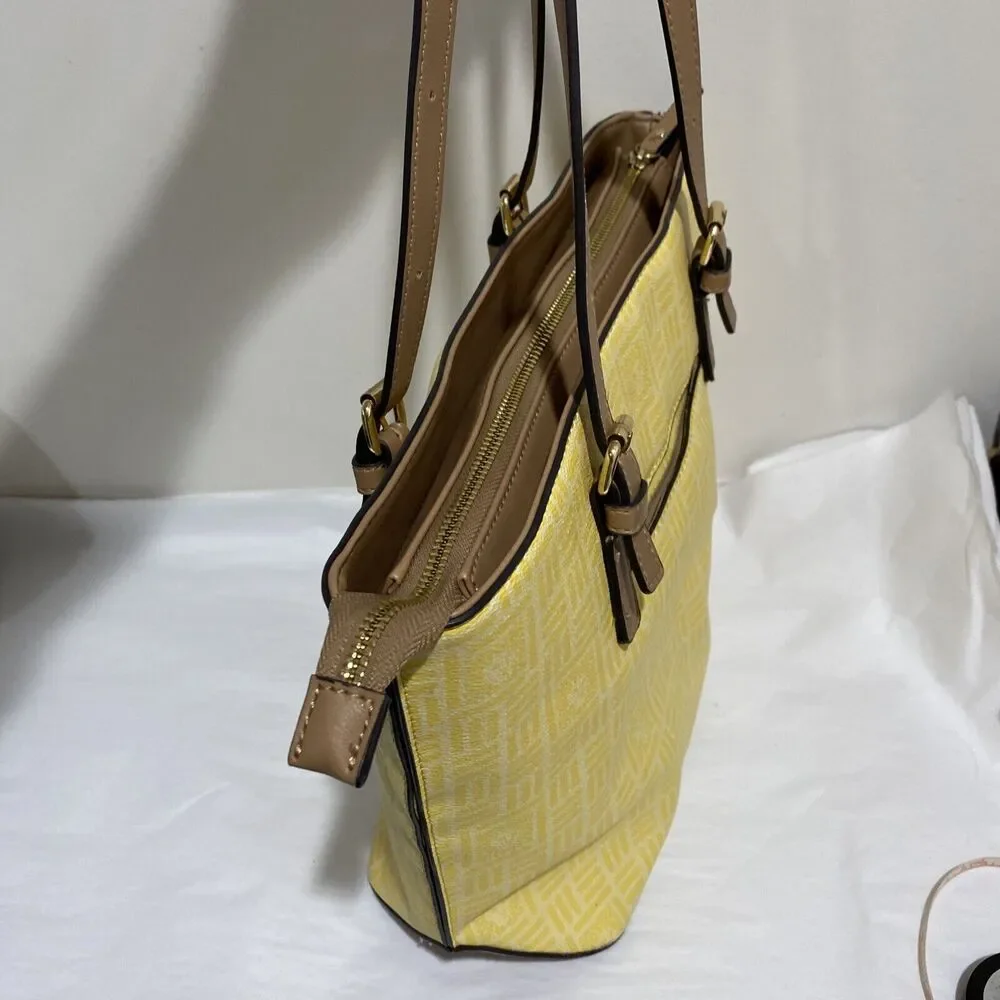 Anne Klein tote bag shoulderbag purse yellow logo print synthetic classic career